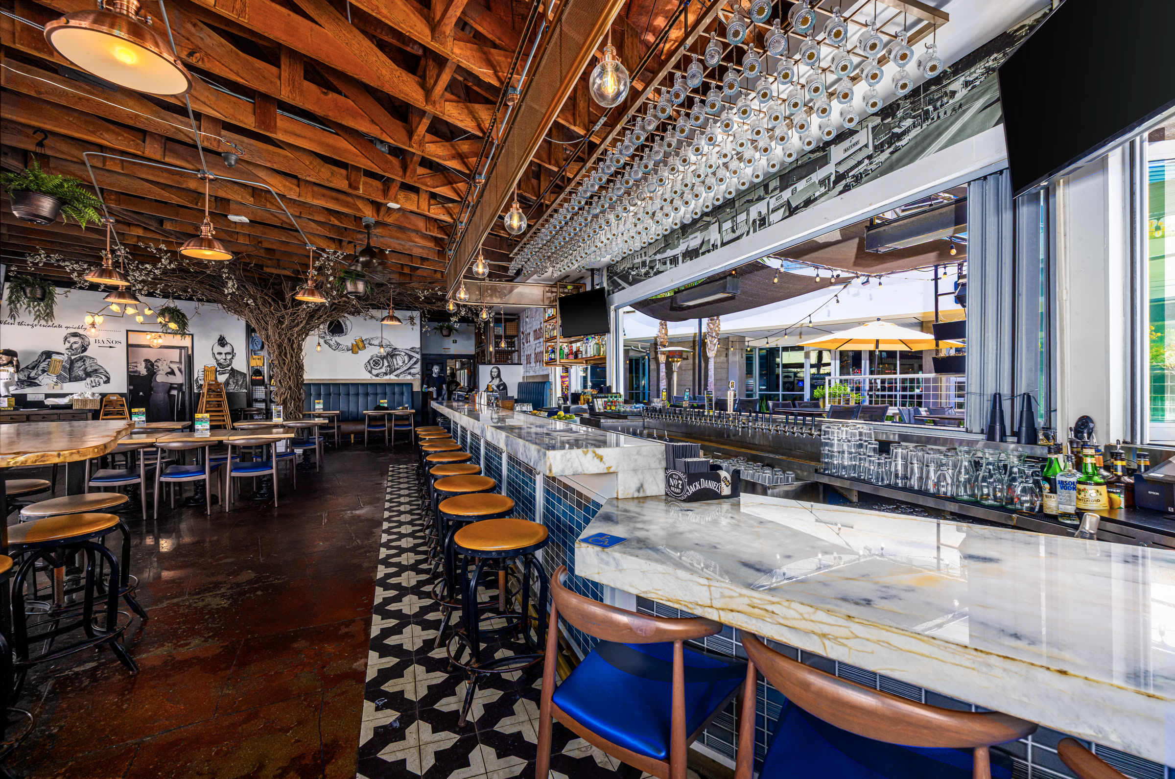 Bier Garden Encinitas marble bar and open-air dining room