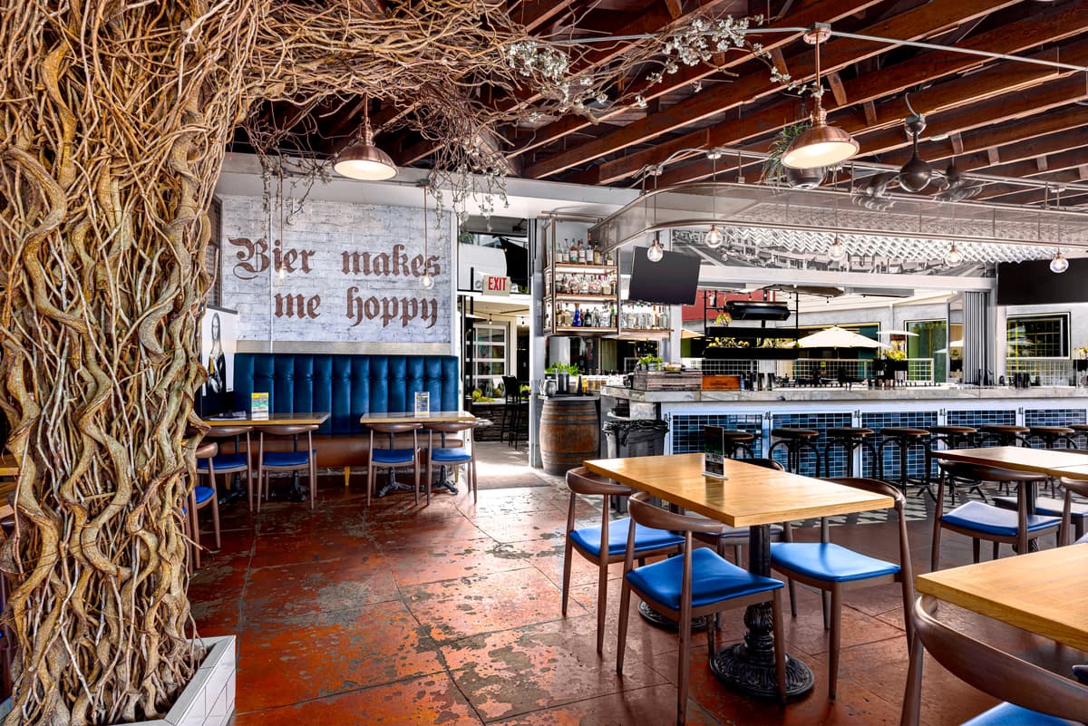 The dining room and blue booths at Bier Garden Encinitas